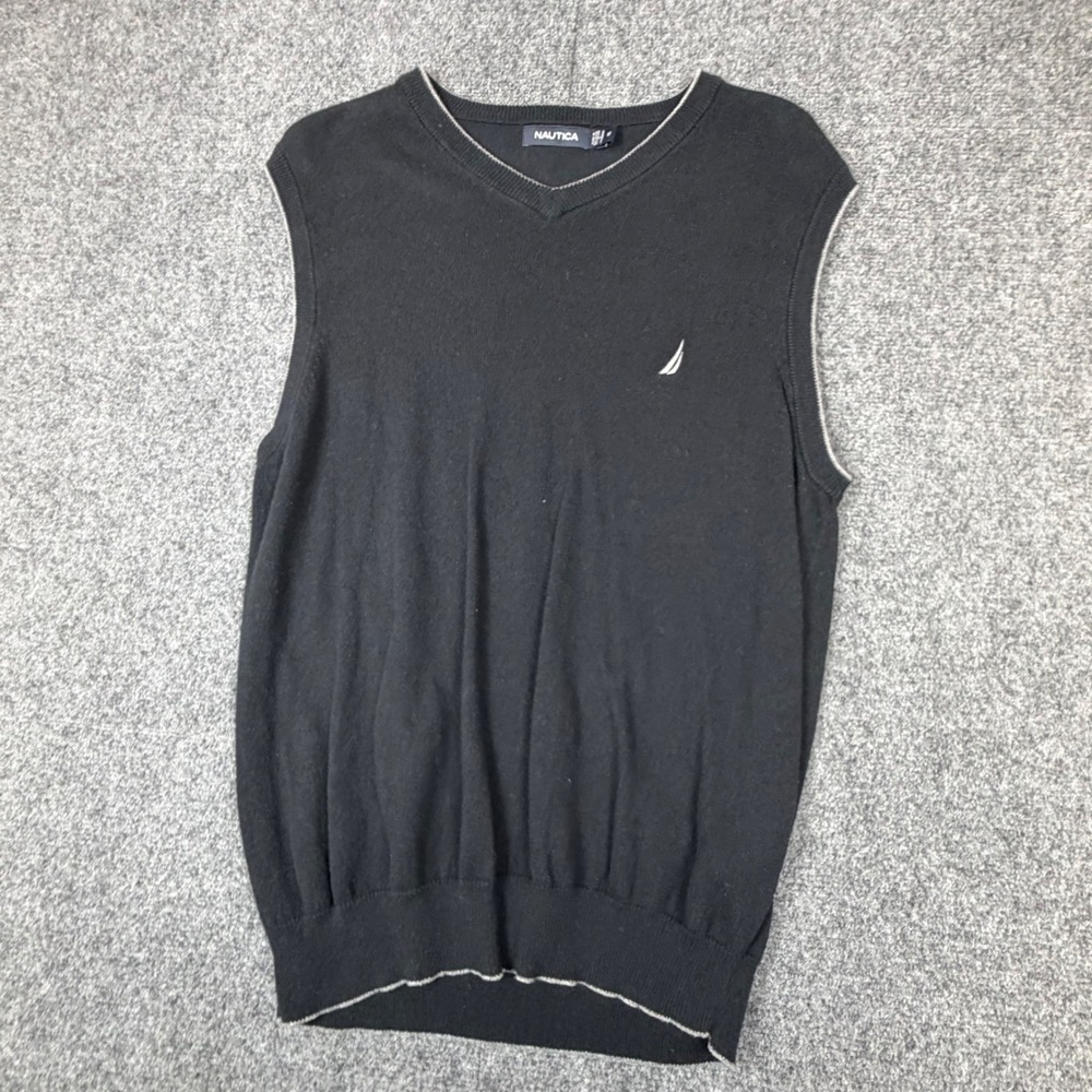 Nautica Mens Black V-Neck Sweater Vest Cotton Cashmere Blend‎ Size Medium Logo